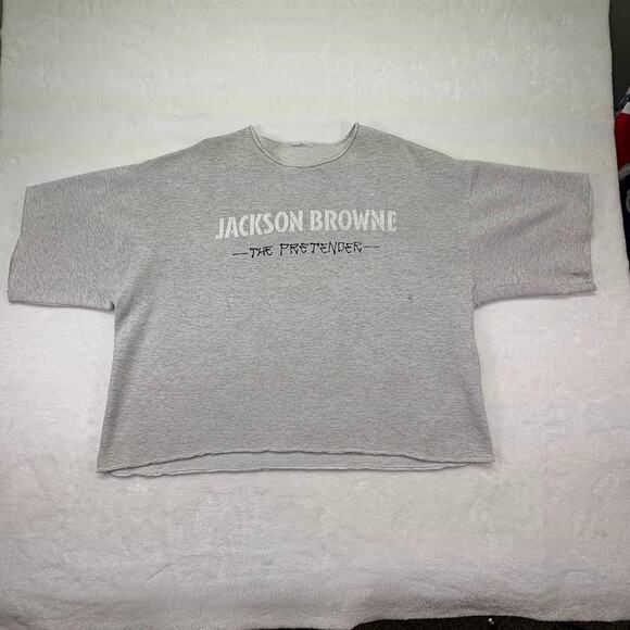Vintage Jackson Browne Pretender Cropped Oversized Raw Hem Sweatshirt Gray  L - Picture 1 of 11